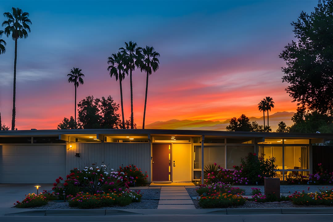 The same house at dusk after editing: a burning sunset behind the palms and warm light spilling from the windows.
